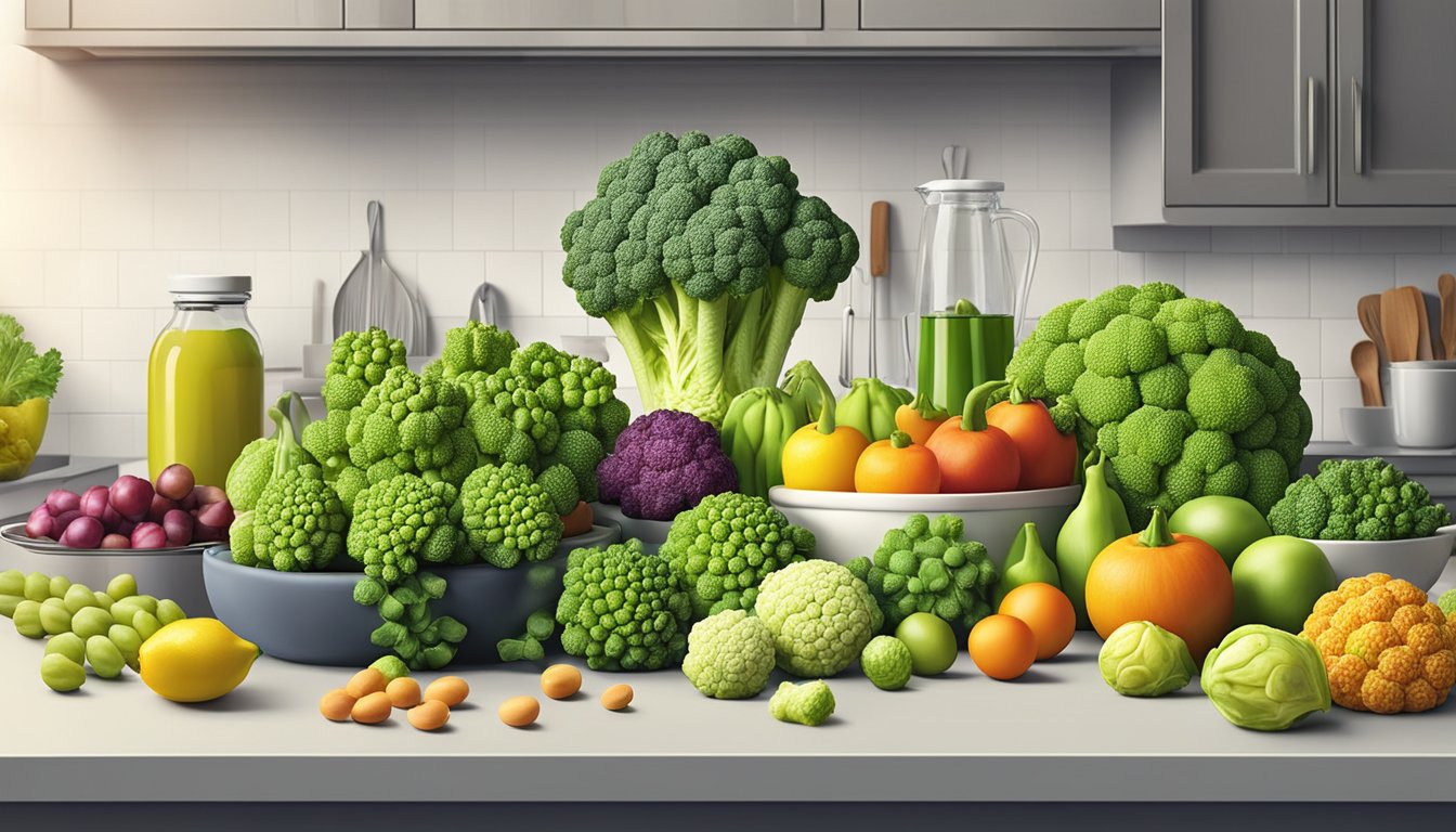 A colorful array of fresh romanesco and other beneficial foods for diabetics arranged on a kitchen countertop