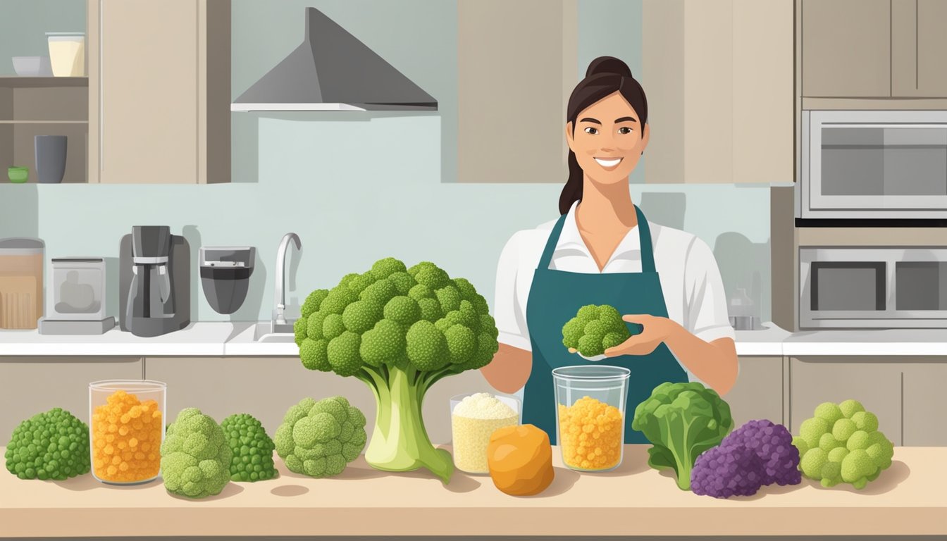 A dietician holding a romanesco and various sugar alternatives on a kitchen counter