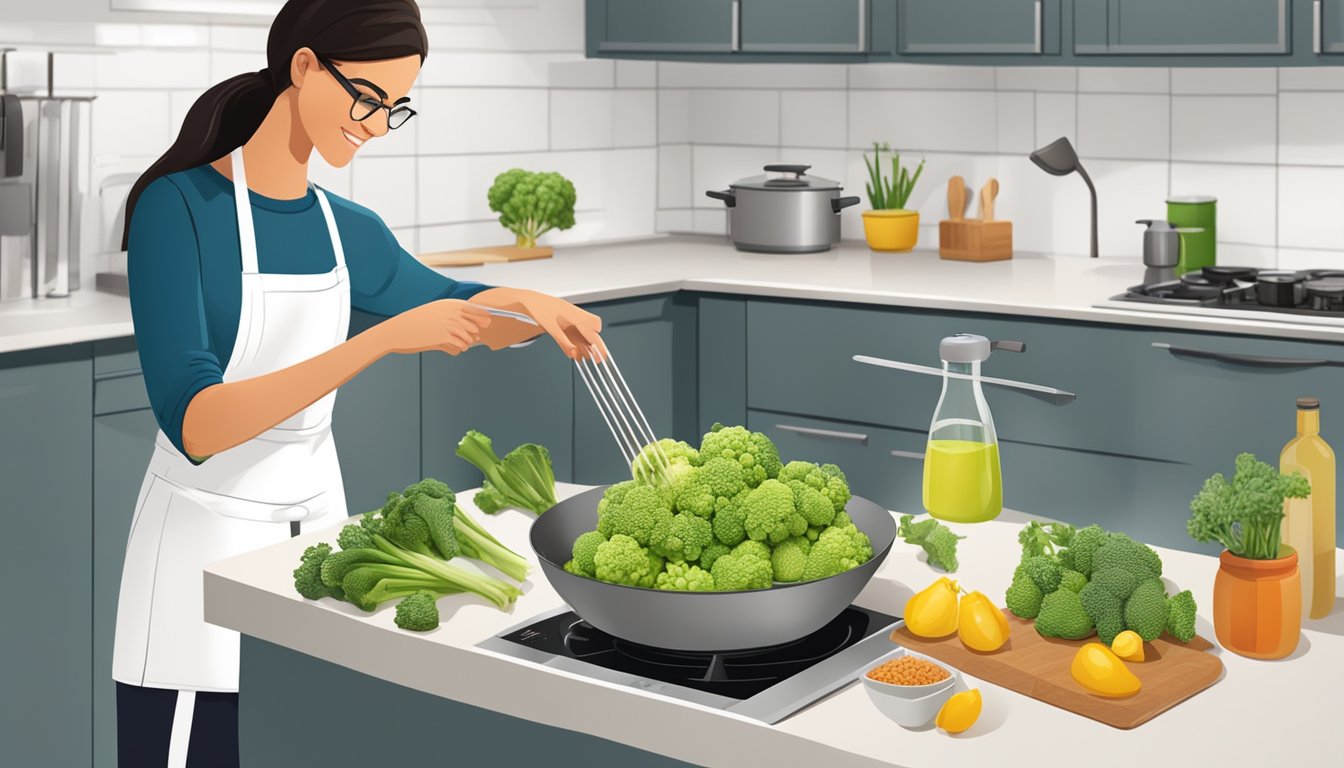 A person with diabetes cooking romanesco in a well-organized kitchen, with healthy ingredients and a glucose monitor nearby