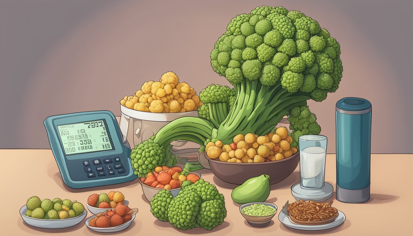 A dietician holds a romanesco, surrounded by unhealthy food. A scale and blood sugar monitor sit nearby