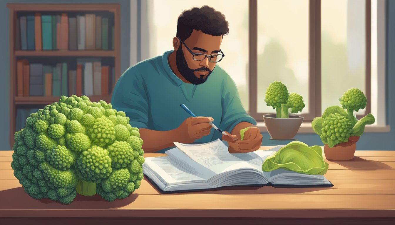 A person with diabetes reading educational materials while a romanesco sits on a table