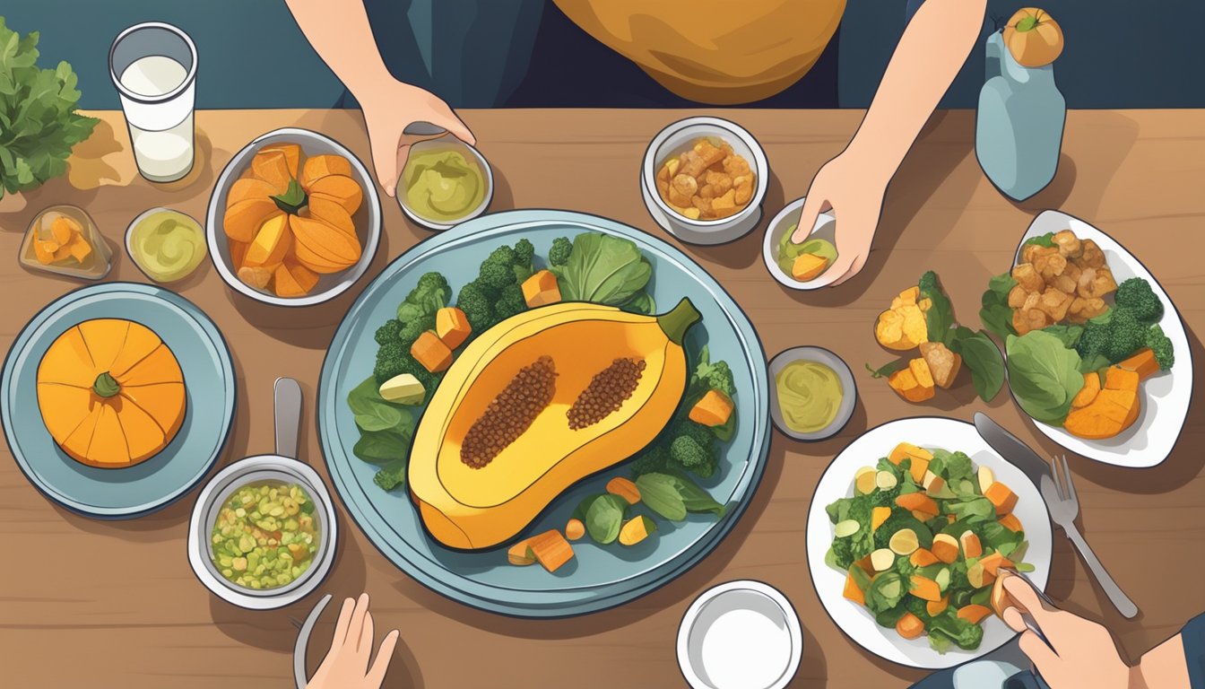 A person with diabetes holding a plate of cooked squash and a variety of other healthy food options on a dining table