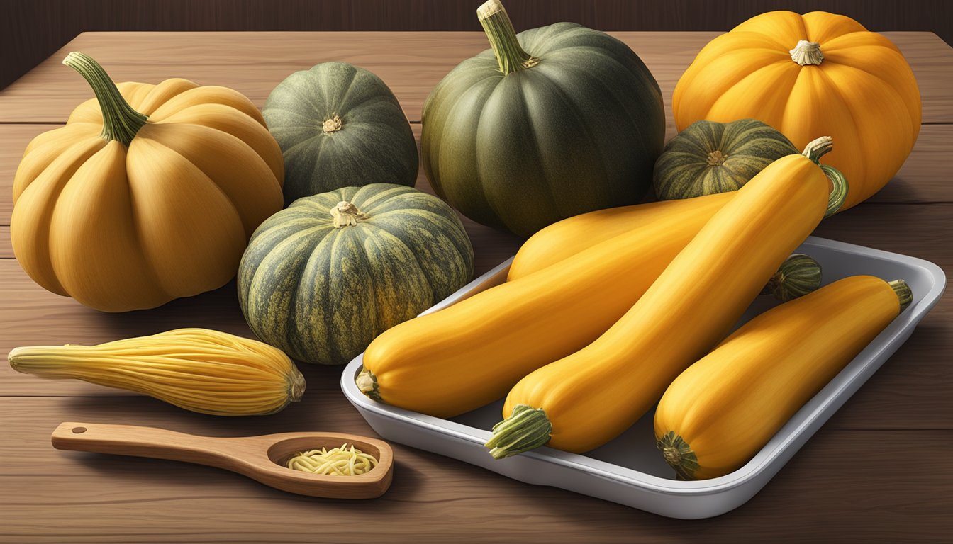 A variety of squash arranged on a wooden table, including butternut, acorn, and spaghetti squash. A blood glucose monitor sits nearby