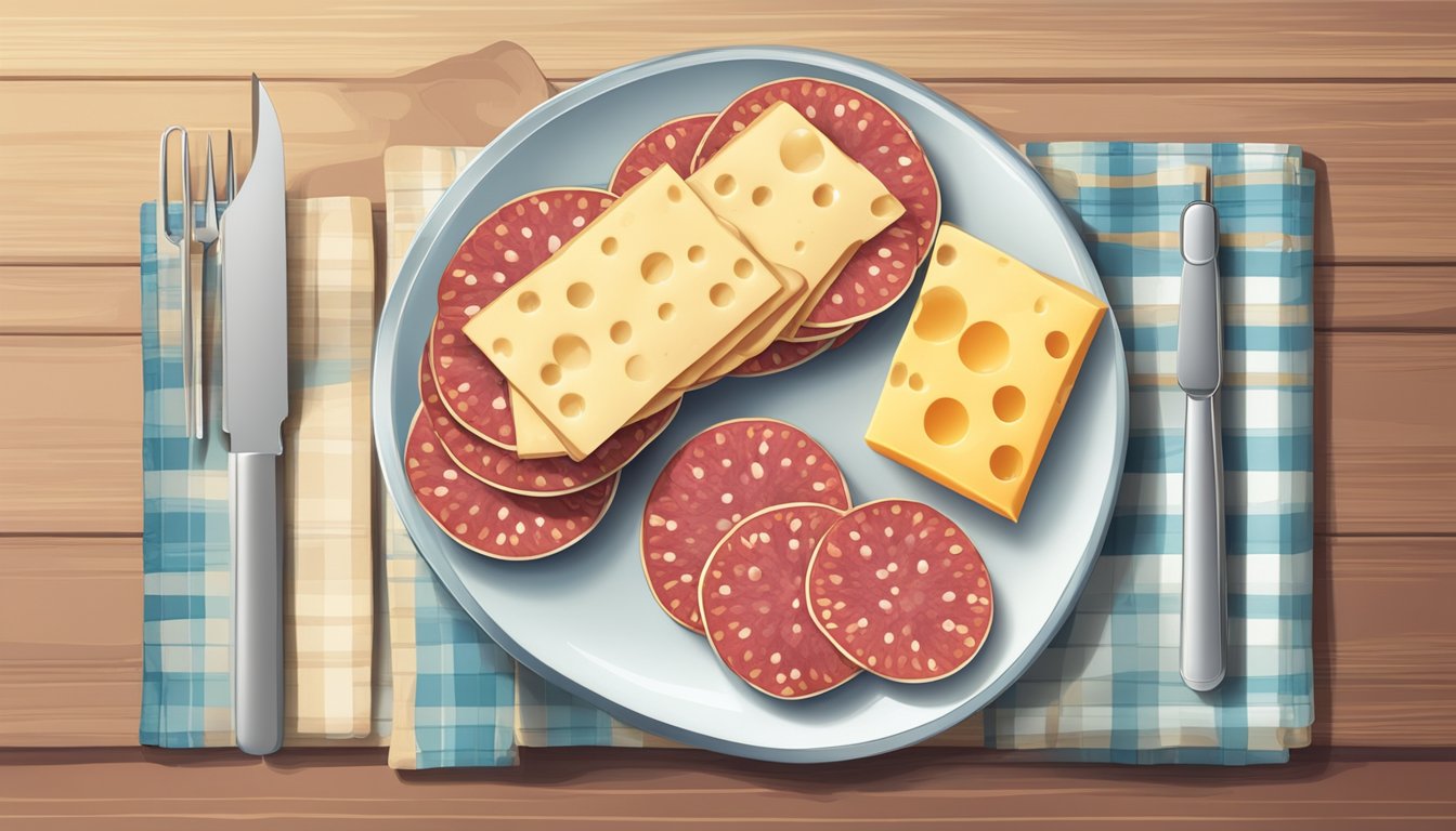 A plate with sliced salami, cheese, and crackers, with a glass of water and a blood glucose monitor nearby