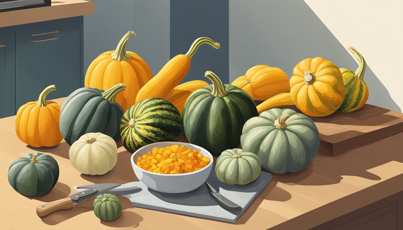 A colorful array of squash varieties arranged on a kitchen counter, alongside a cutting board and knife