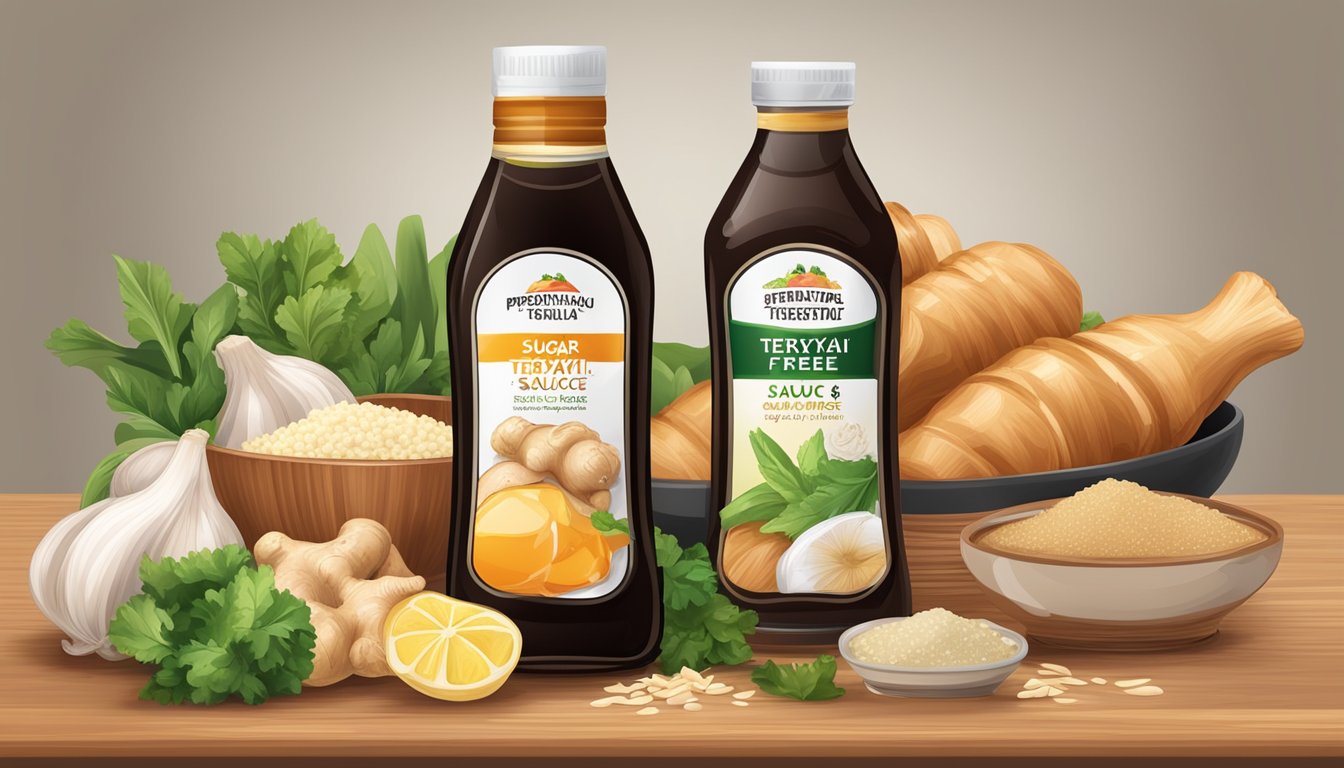 A bottle of sugar-free teriyaki sauce surrounded by fresh ingredients like ginger, garlic, and soy sauce