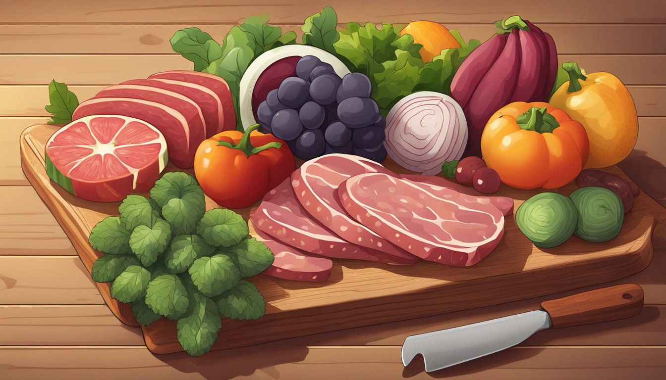 A colorful array of fresh vegetables, fruits, and lean meats displayed on a wooden cutting board, with a small pile of salami off to the side