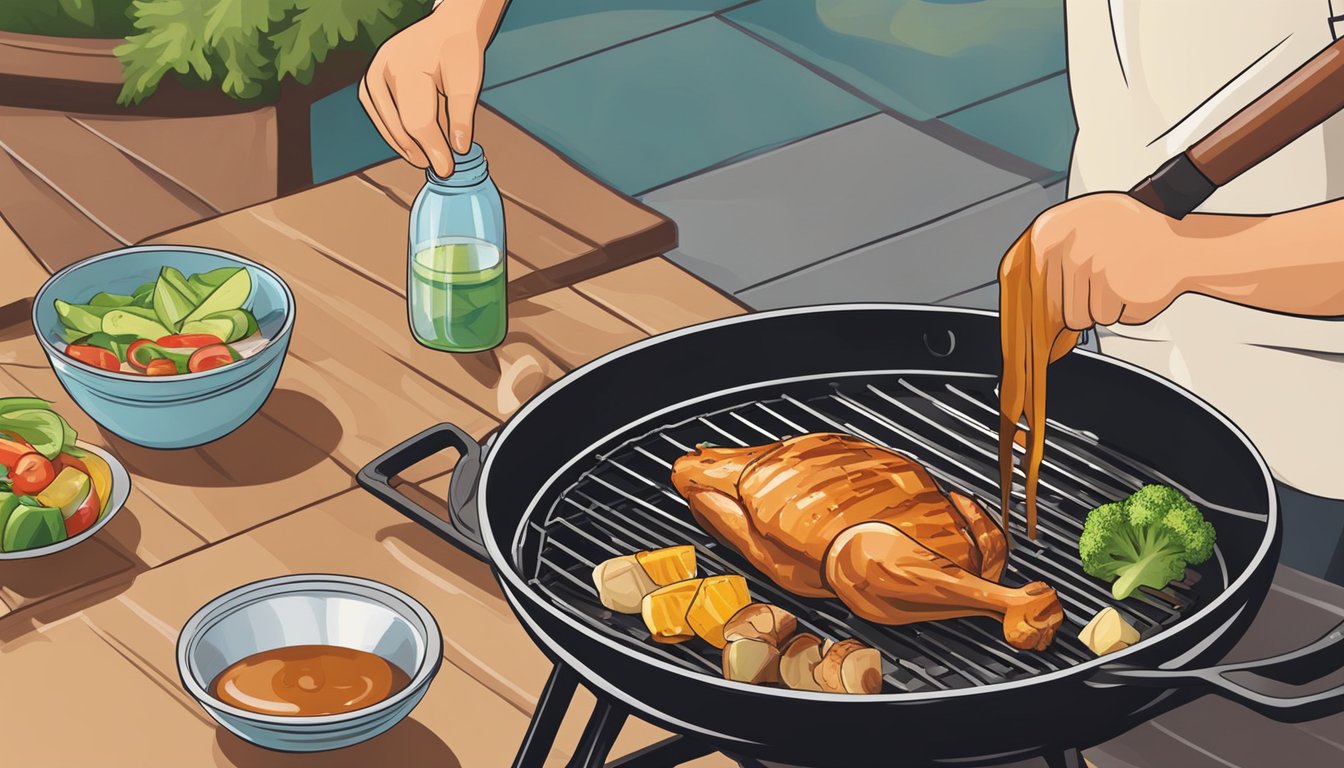 A person uses a sugar-free teriyaki sauce to marinate chicken and vegetables before grilling them on a barbecue