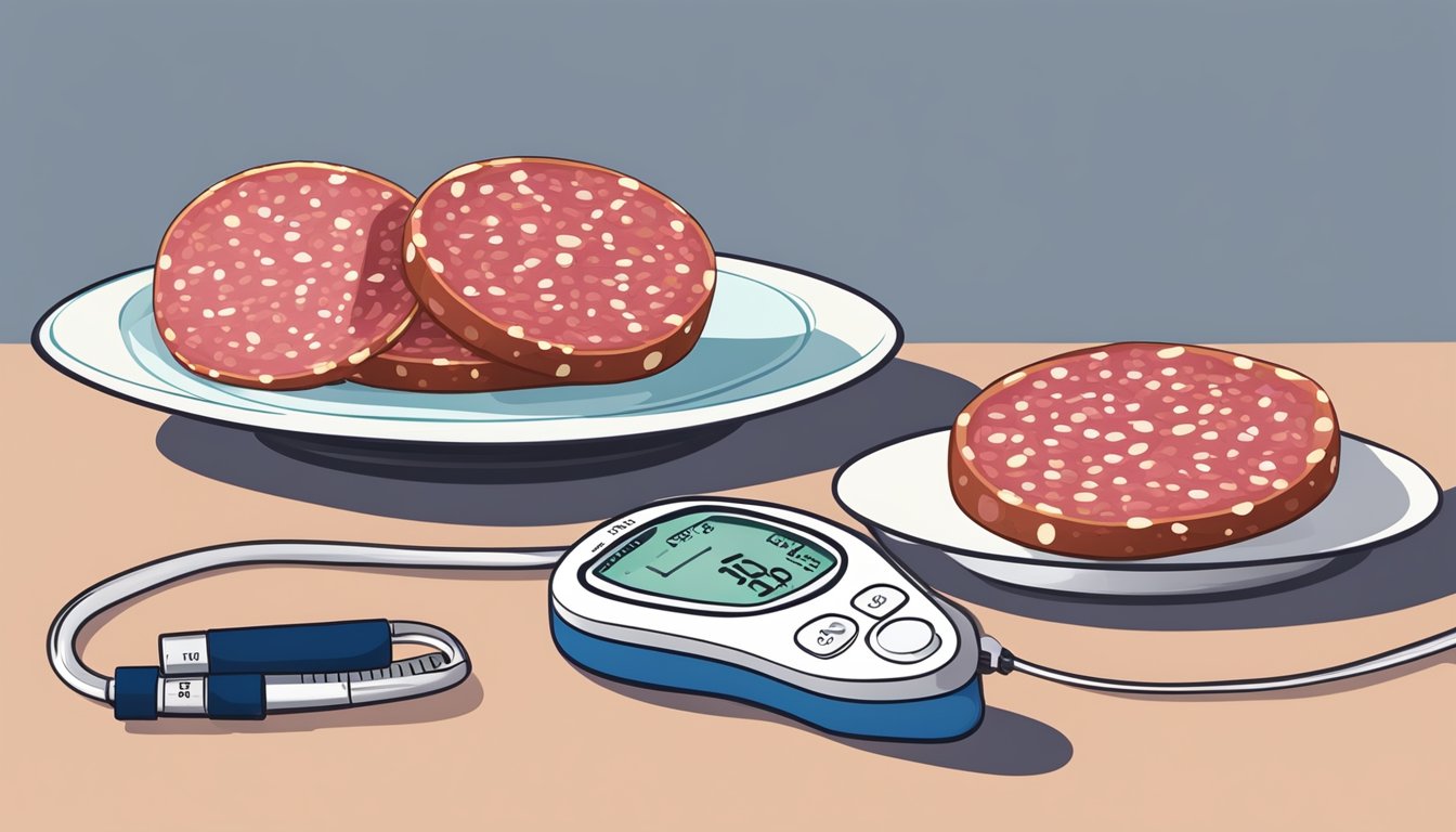 A plate with a measured portion of salami next to a blood glucose monitor and insulin pen