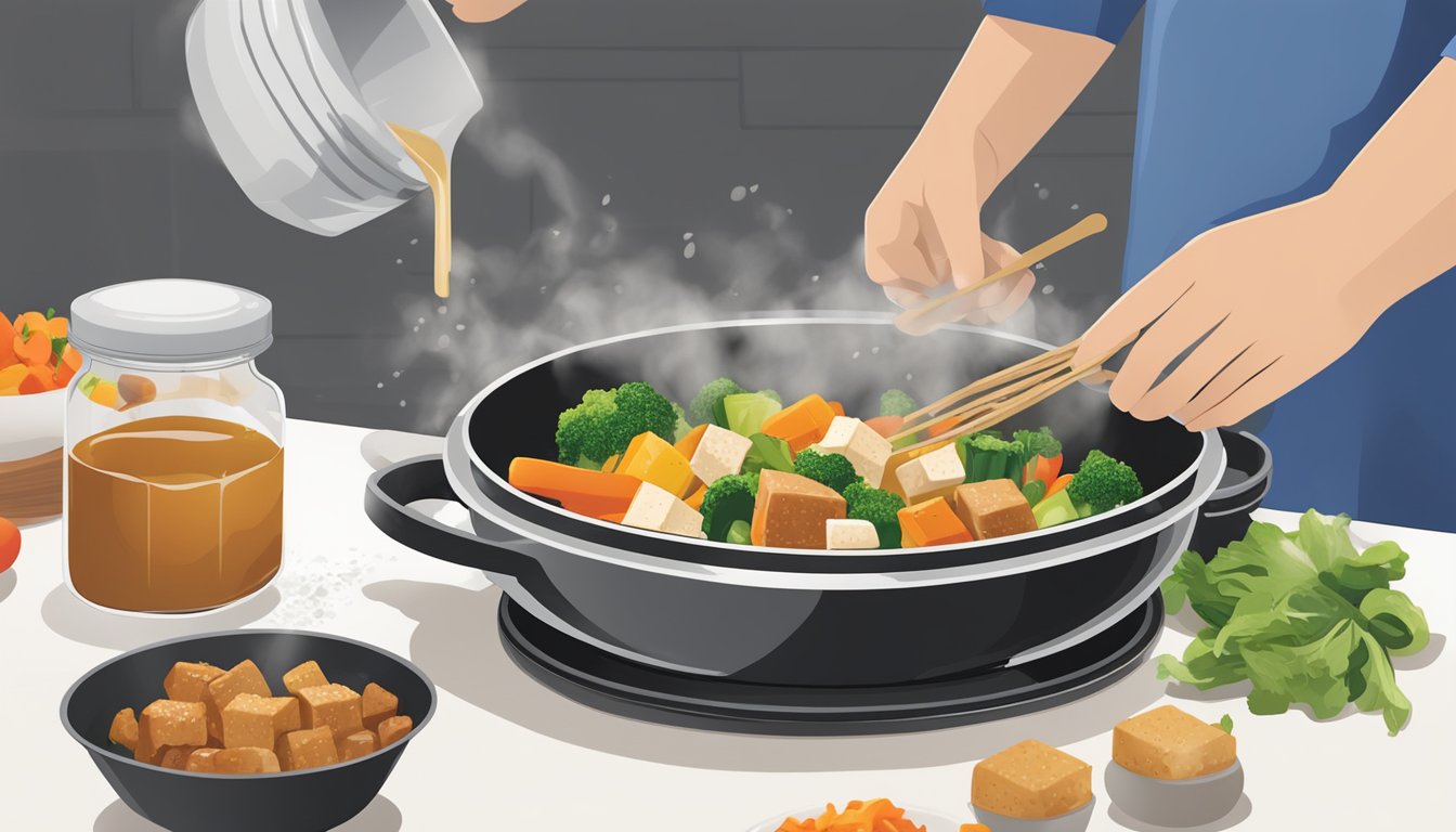 A person pouring sugar-free teriyaki sauce onto a stir-fry of vegetables and tofu. The steam rises from the sizzling pan as the sauce coats the ingredients