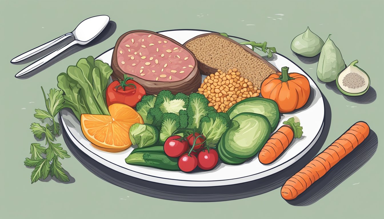 A plate with a variety of diabetic-friendly foods, including vegetables, lean protein, and whole grains, with a slice of salami as a question mark