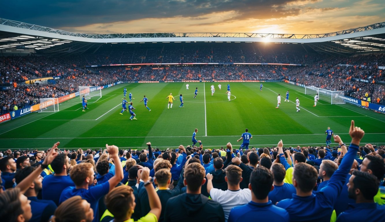 Sebuah stadion yang ramai dengan pertandingan sepak bola yang sedang berlangsung, pemain beraksi, dan penggemar bersorak dengan semangat