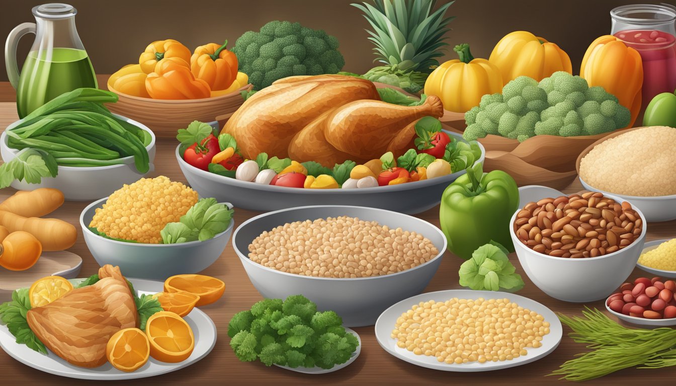 A table set with a variety of foods including vegetables, fruits, whole grains, and lean proteins such as chicken, fish, and beans