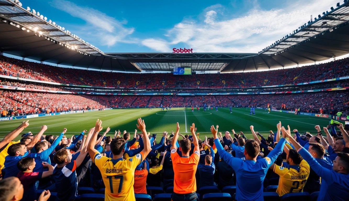 Sebuah stadion olahraga yang hidup dan dinamis dipenuhi dengan penggemar yang bersorak dan pemain yang beraksi, menampilkan kegembiraan dari situs taruhan terbaik Sbobet