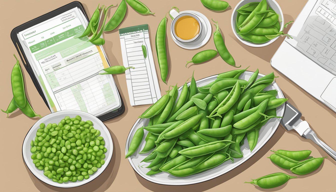 A pile of sugar snap peas next to a diabetes-friendly meal plan