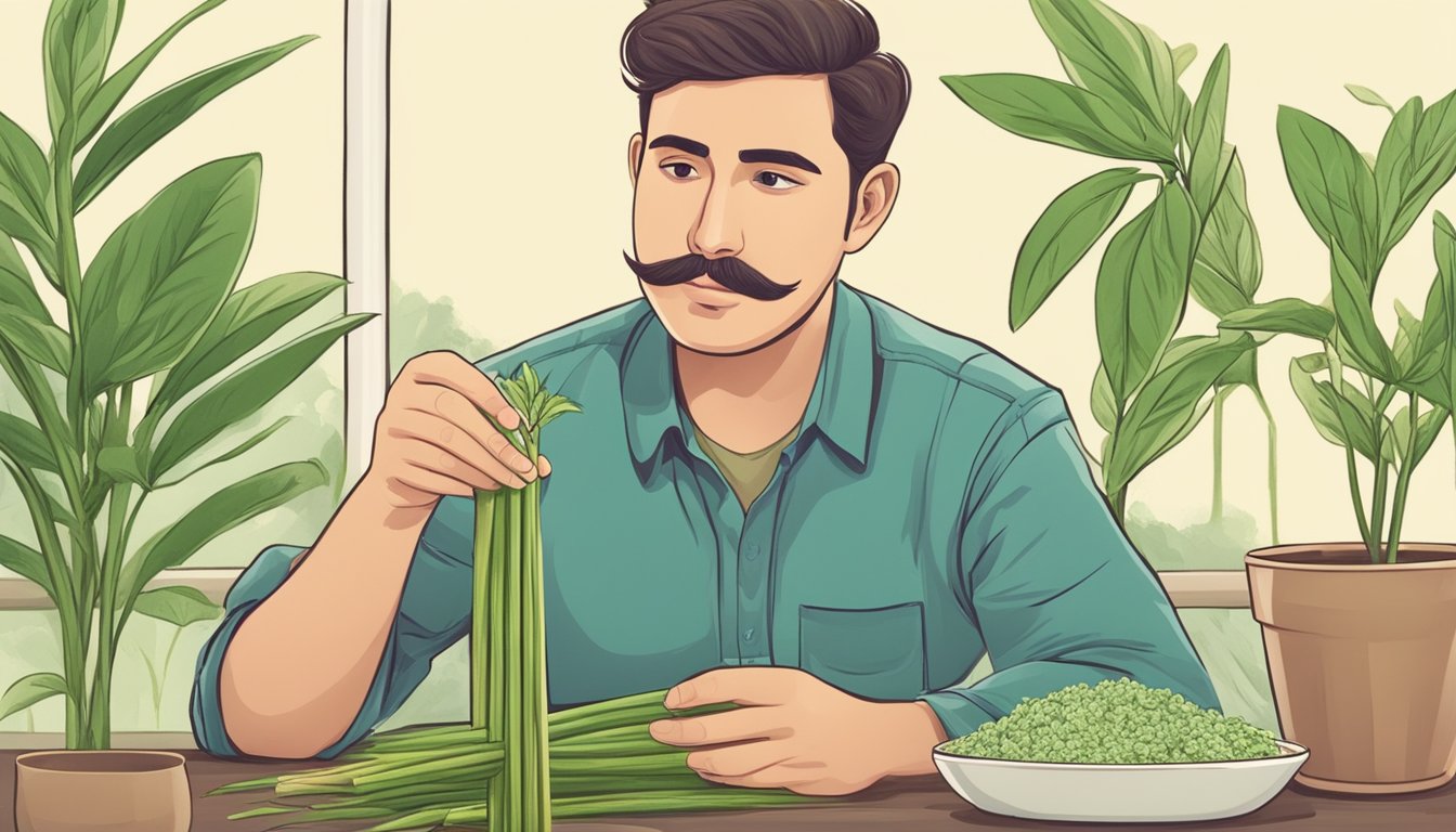 A person with diabetes holds a stevia plant in one hand and a piece of sugarcane in the other, contemplating the psychological aspects of sweetness