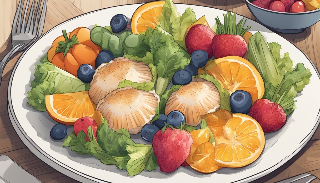 A plate of scallops surrounded by colorful fruits and vegetables, with a nutrition label in the background