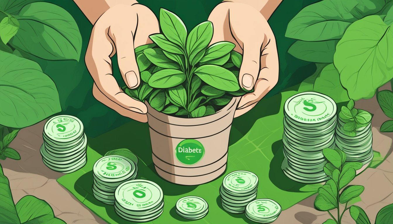 A person with diabetes holding a stevia plant while surrounded by a lush garden and a stack of coins, symbolizing the economic and environmental benefits of using stevia