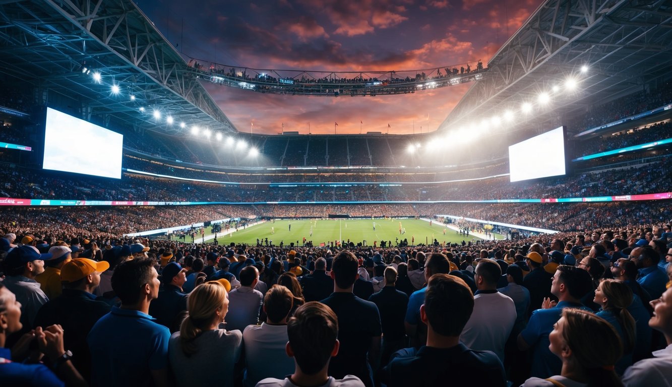 Sebuah stadion yang penuh sesak dengan orang-orang bersorak dan menonton acara olahraga langsung, dikelilingi oleh lampu berkedip dan layar besar