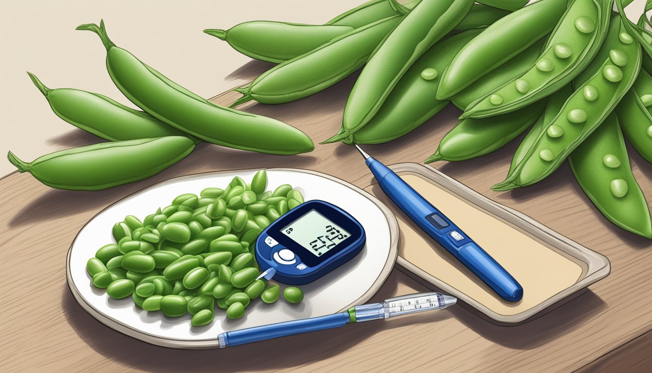 A diabetic person enjoying a plate of sugar snap peas, with a glucose monitor and insulin pen nearby