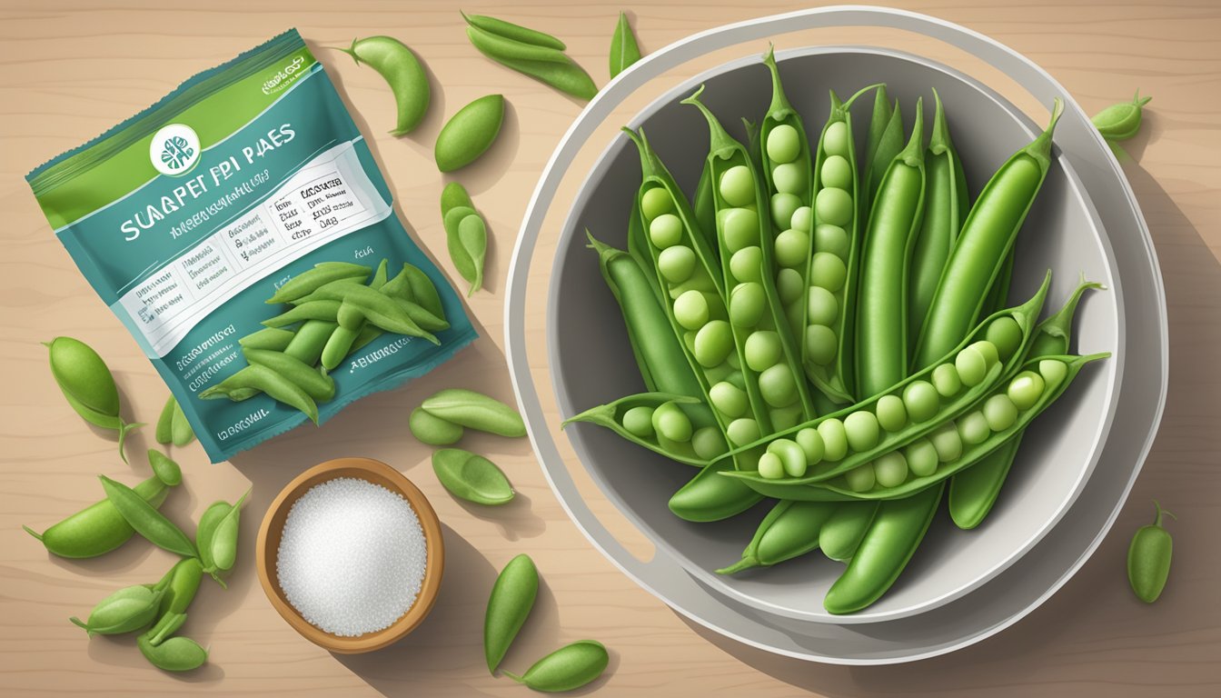 A bowl of sugar snap peas next to various vegetables, with a diabetic-friendly label