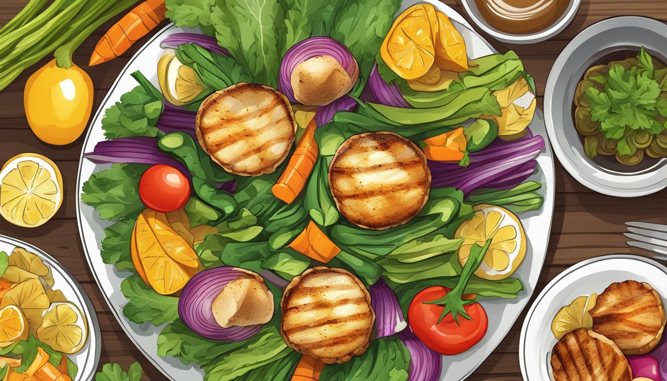 A plate of grilled scallops surrounded by colorful vegetables on a wooden table