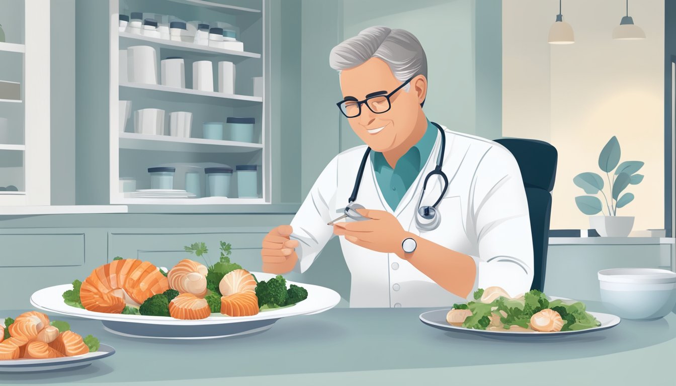 A person with diabetes enjoying a plate of scallops, with a doctor advising on the health concerns related to seafood consumption