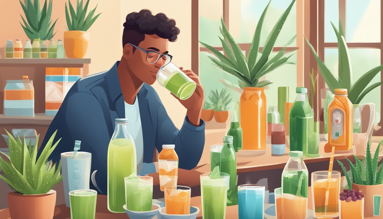 A person with diabetes enjoying a sugar-free aloe drink while surrounded by various alternative beverage options