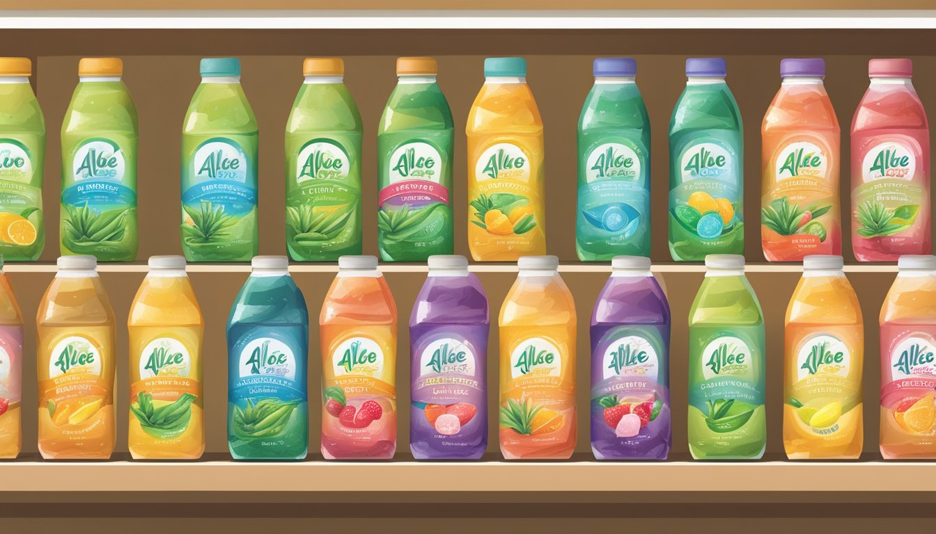 A colorful array of sugar-free aloe drinks on a shelf with a "diabetes-friendly" label