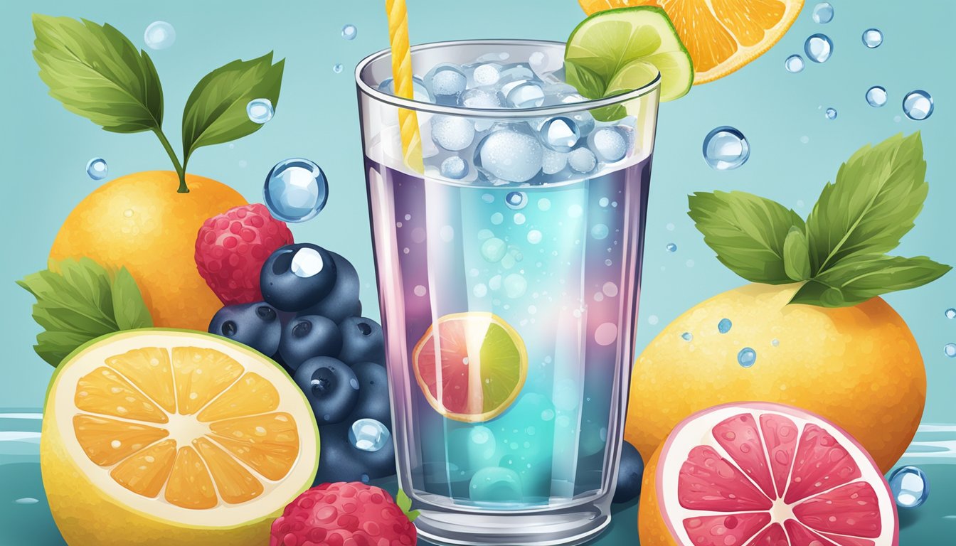 A glass of seltzer water with bubbles, surrounded by fresh fruits and a water bottle