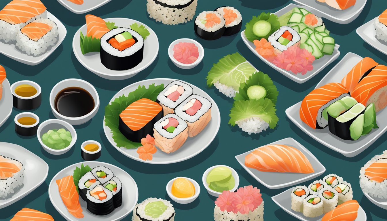 A plate of assorted sushi rolls with a variety of fish, rice, and vegetables, accompanied by pickled ginger and wasabi