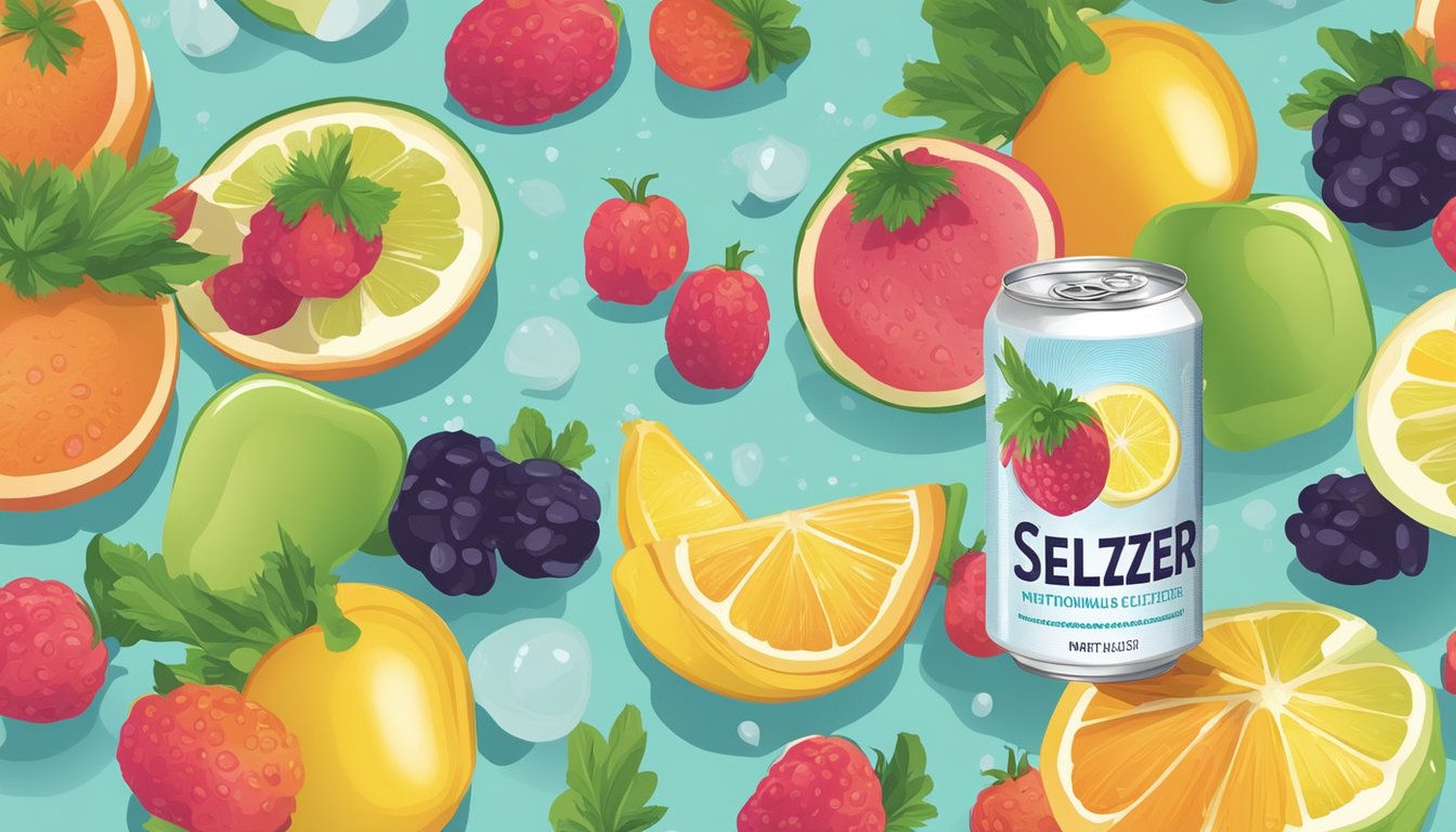 A refreshing can of seltzer water surrounded by colorful fruits and vegetables, with a nutritional label displayed nearby