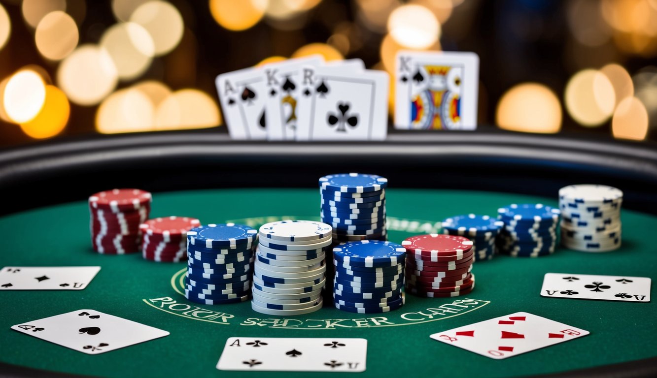 Sekelompok chip poker dan kartu permainan yang disusun di atas meja felt hijau, dengan tombol dealer dan satu dek kartu di latar belakang