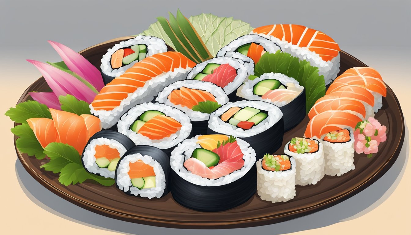 A colorful array of sushi rolls and sashimi, accompanied by fresh vegetables and pickled ginger, arranged on a traditional Japanese serving platter