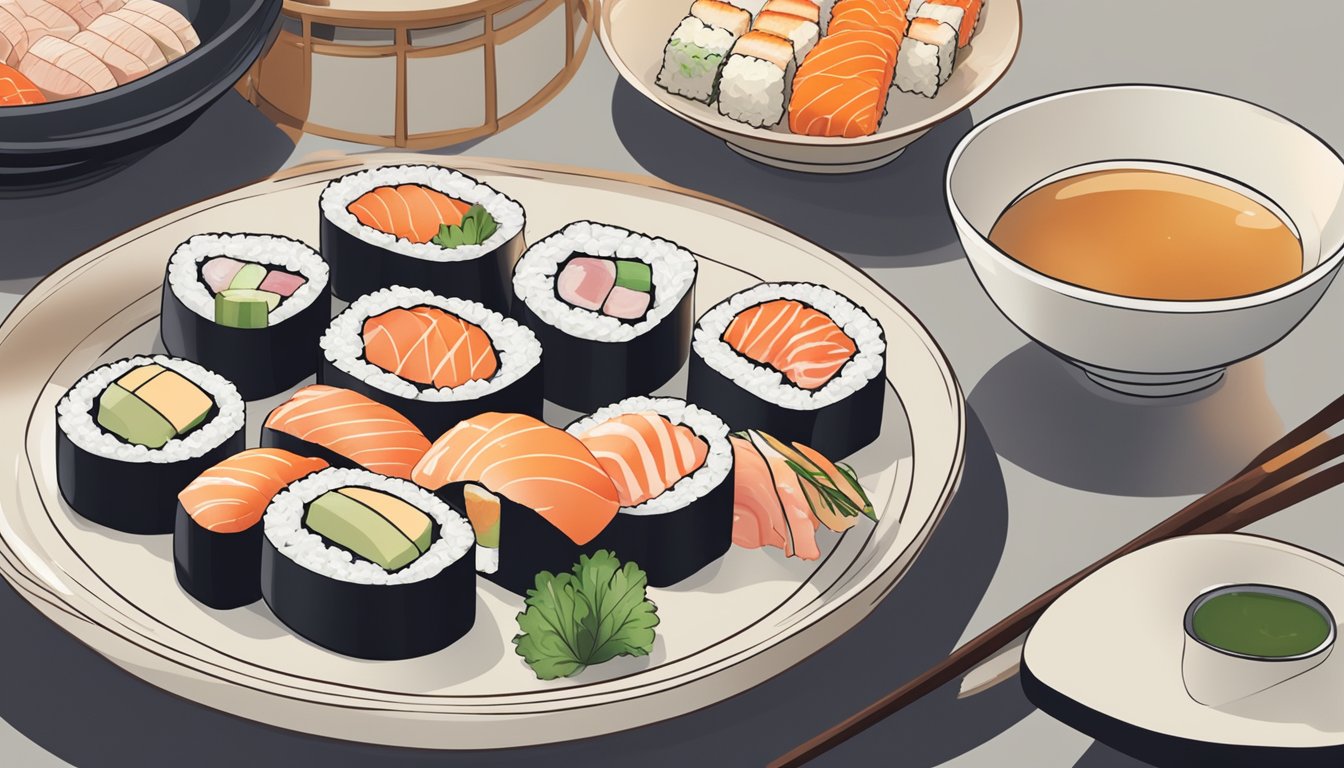 A person with diabetes enjoying a variety of sushi rolls at a restaurant, with a plate of sashimi and a bowl of miso soup on the side