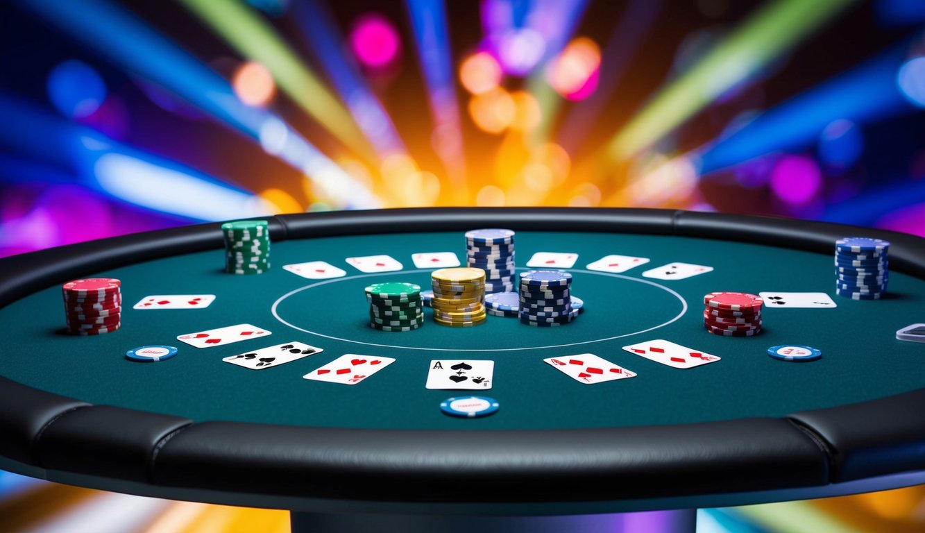 Sebuah meja poker online yang ramping dan modern dengan kartu dan chip digital, diatur di latar belakang yang cerah dan dinamis