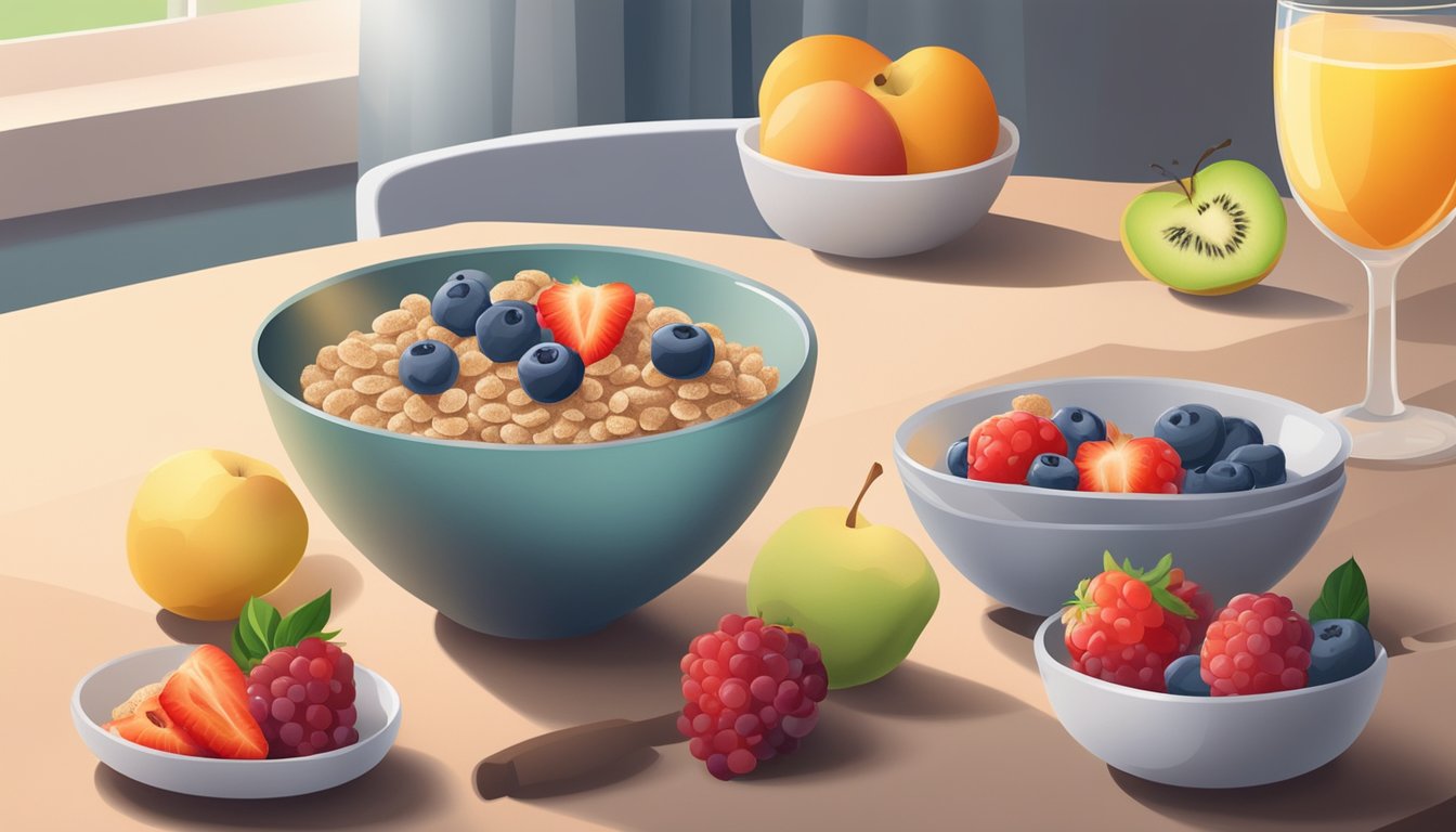 A bowl of sugar-free bran cereal with high-fiber content, surrounded by fresh fruits and a glass of water, sits on a breakfast table