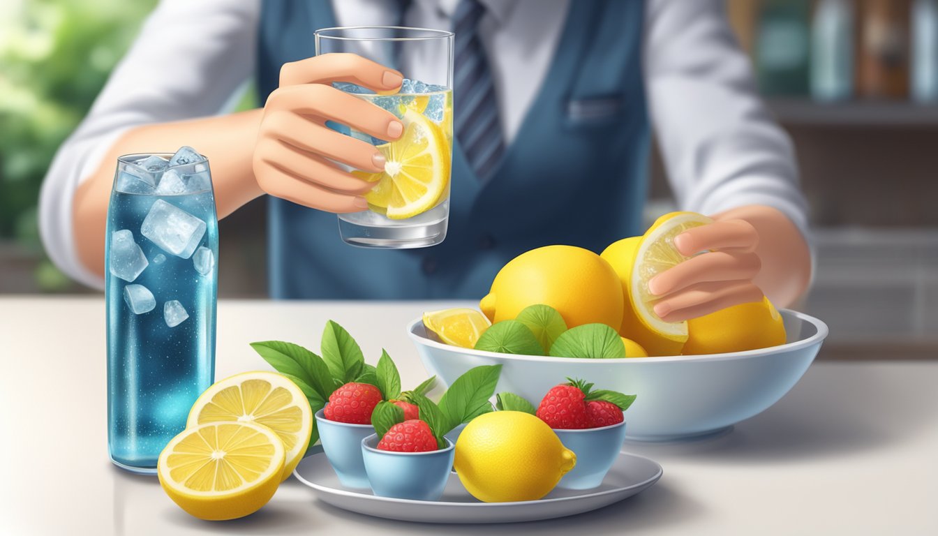 A diabetic person enjoying a glass of seltzer water with ice and a slice of lemon, surrounded by fresh fruit and a glucose meter on the table