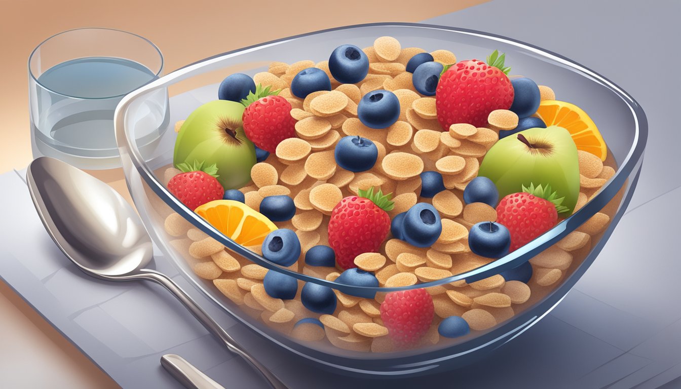 A bowl of sugar-free bran cereal surrounded by various fruits and a glass of water, with a diabetes-friendly label