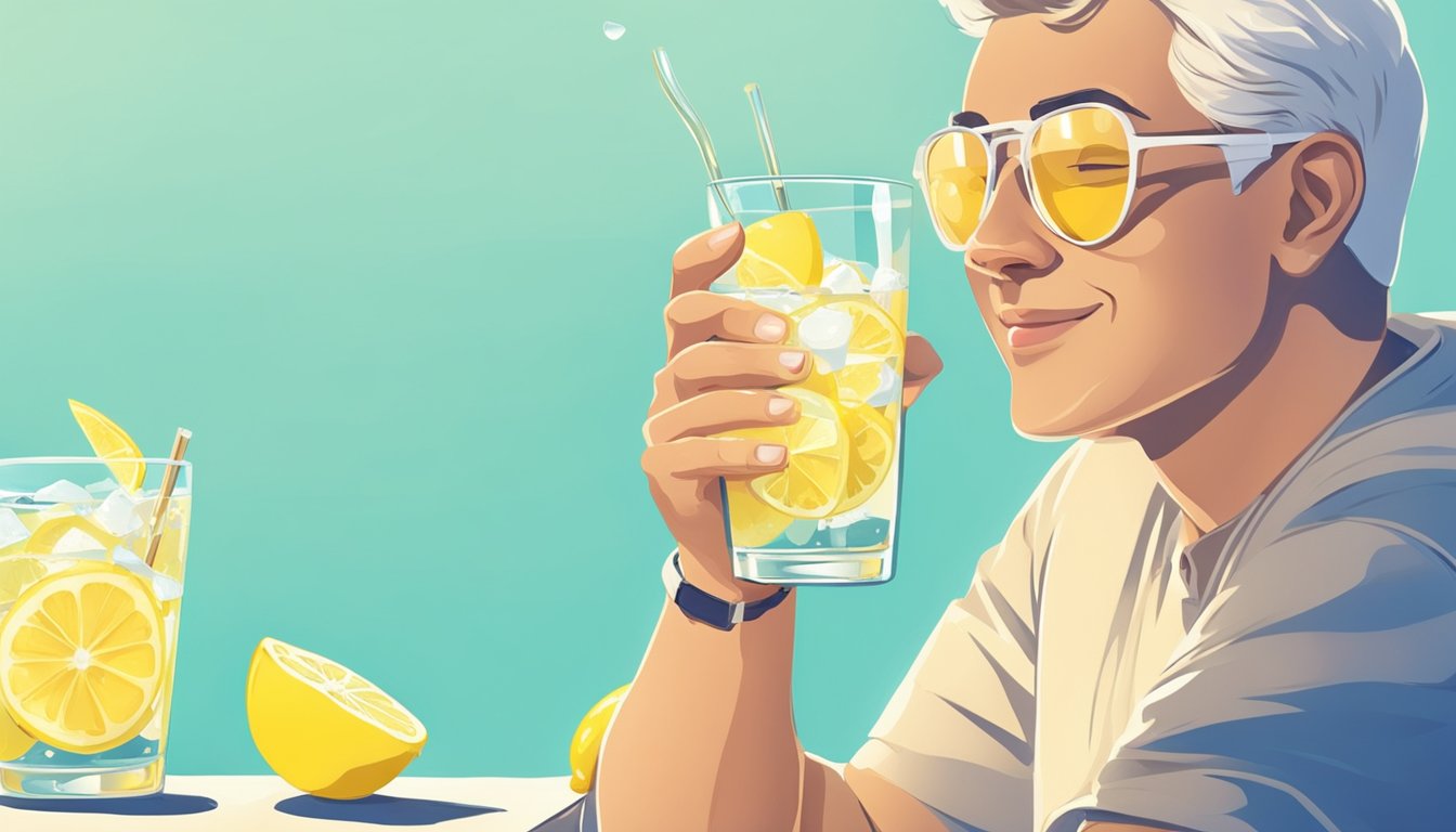 A person with diabetes enjoying a refreshing glass of seltzer water with ice and a slice of lemon on a sunny day