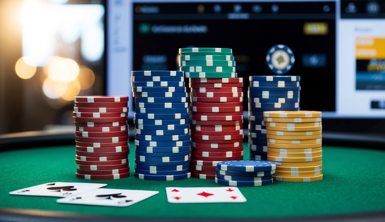 Sekelompok chip poker dan kartu animasi yang disusun di atas meja felt hijau, dengan antarmuka digital di latar belakang