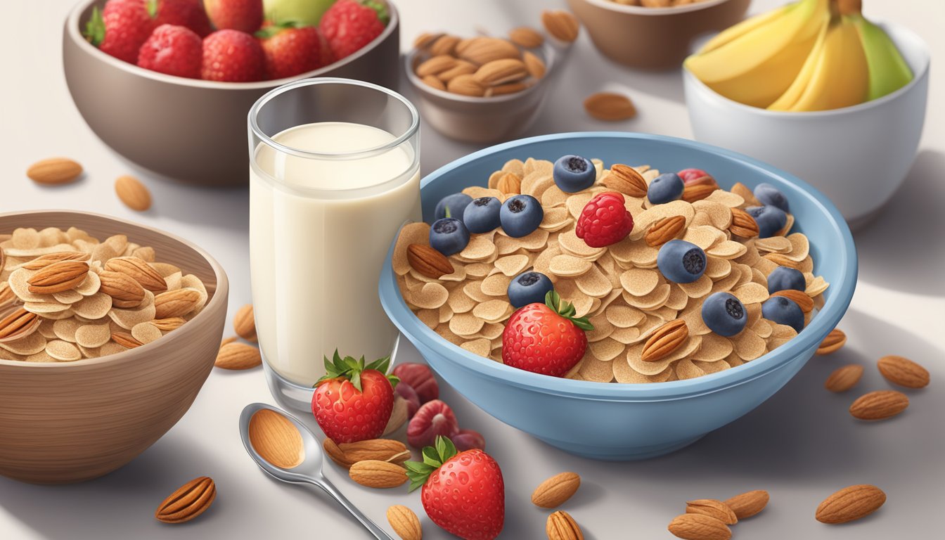 A bowl of bran cereal surrounded by fresh fruits, nuts, and a glass of milk, with a measuring cup of bran cereal on the side