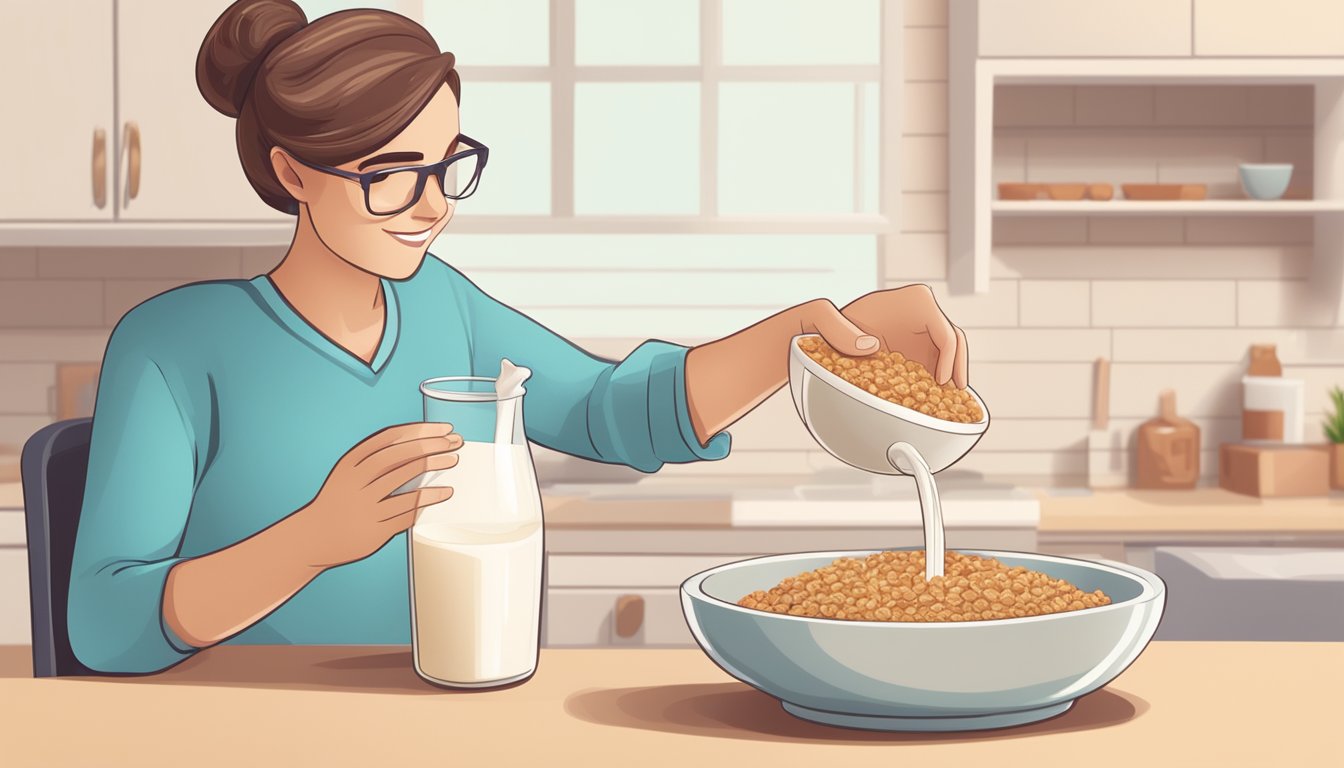 A diabetic patient pouring sugar-free bran cereal into a bowl with a carton of unsweetened almond milk on the table beside them