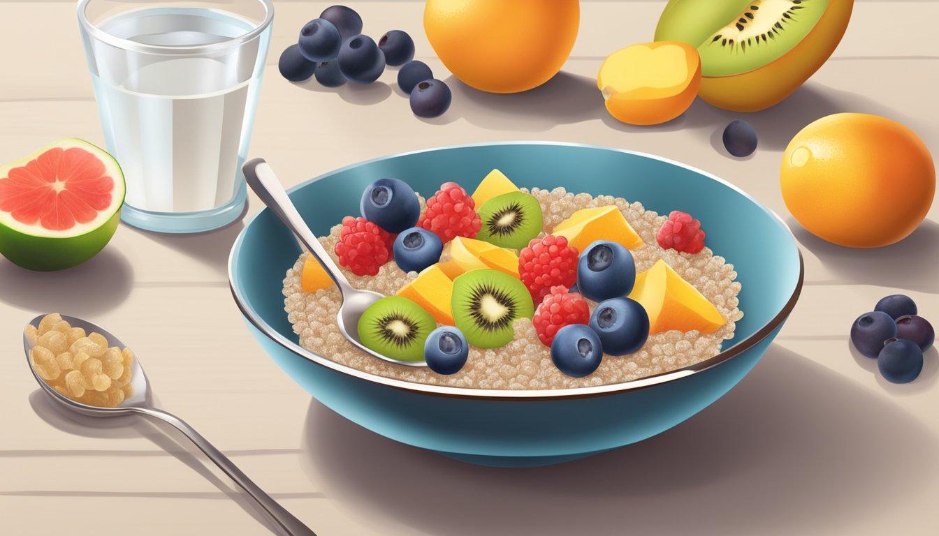 A bowl of sugar-free bran cereal with a spoon, surrounded by a variety of fruits and a glass of water on a kitchen table