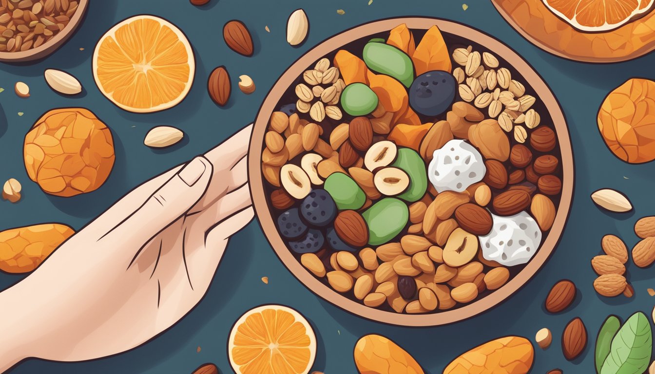 A person with diabetes holding a bowl of healthy snack mix, surrounded by various nuts, seeds, and dried fruits