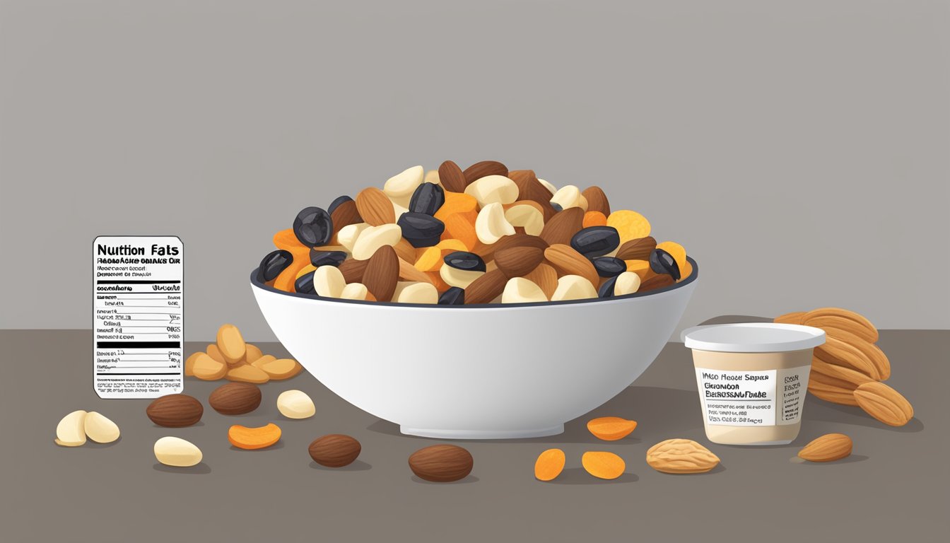 A bowl of snack mix ingredients: nuts, seeds, and dried fruits, with a measuring cup and a nutrition label nearby