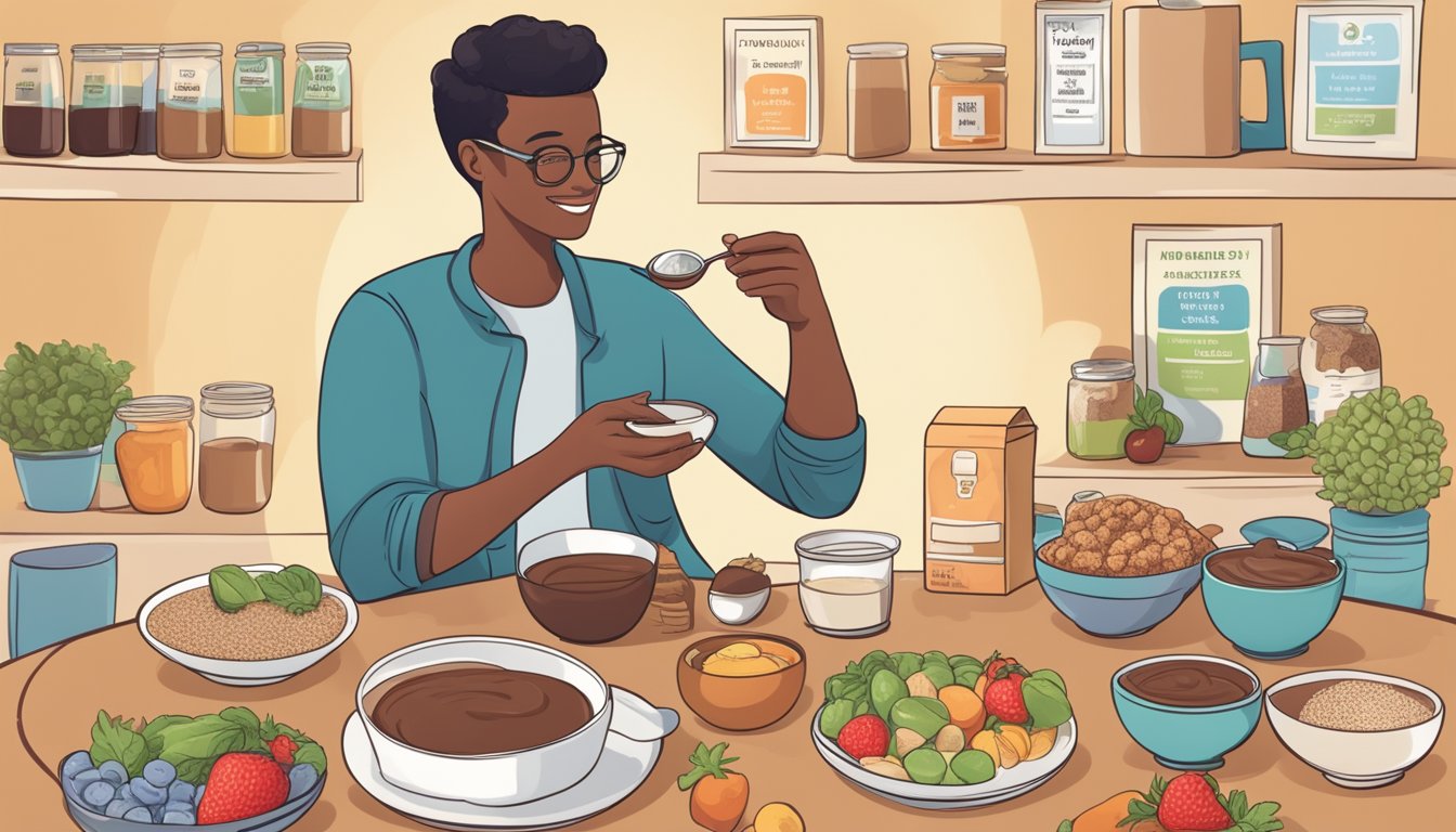 A person with diabetes enjoying a bowl of sugar-free chocolate pudding, surrounded by various healthy food options and a nutrition label