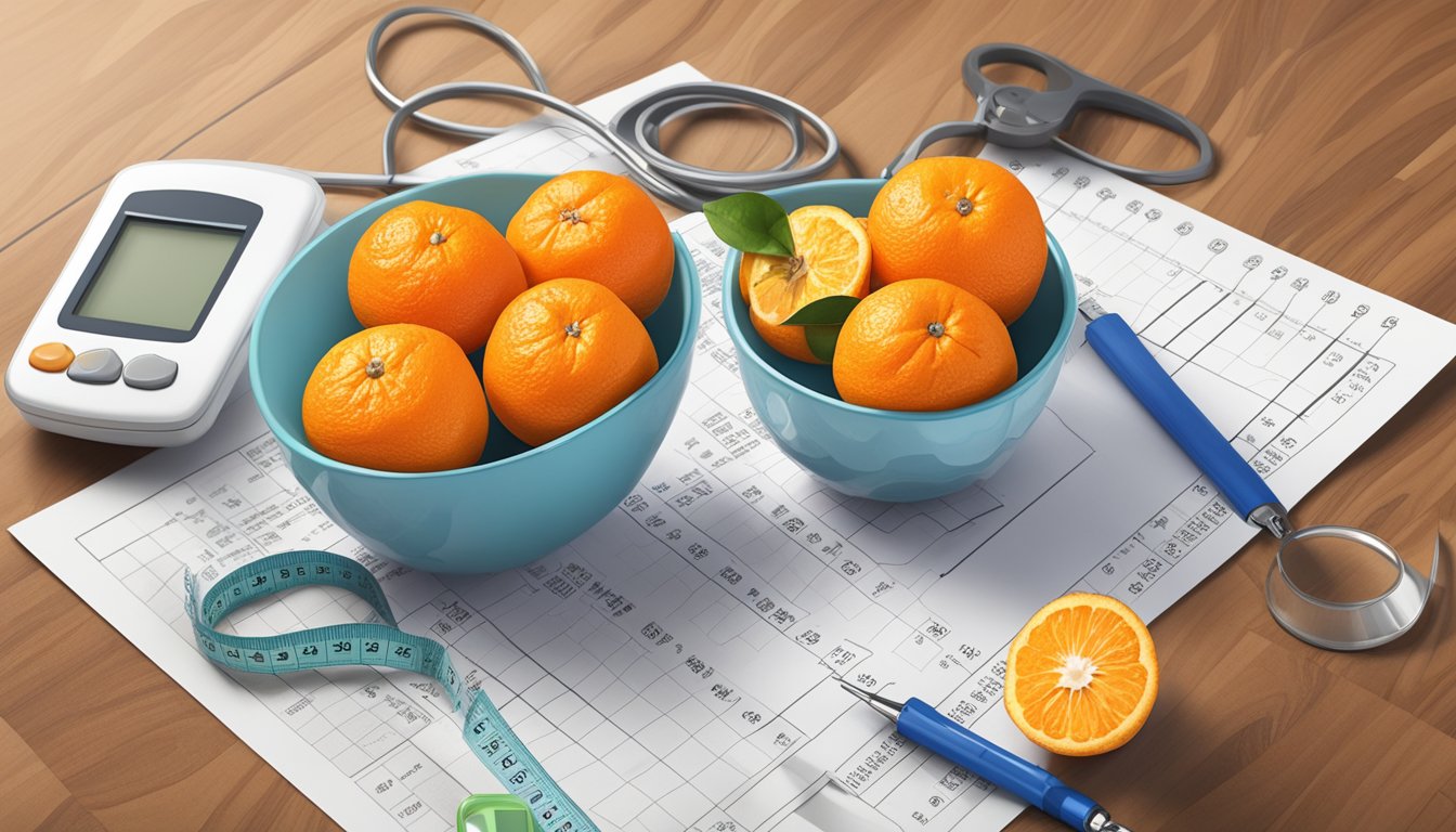 A bowl of tangerines surrounded by a measuring tape, blood glucose meter, and a diabetes-friendly nutrition chart