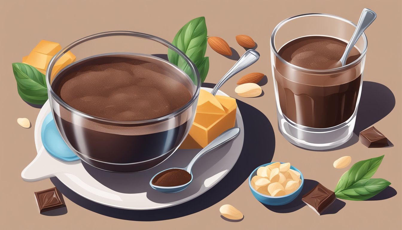 A bowl of sugar-free chocolate pudding with a spoon beside it, surrounded by various ingredients such as cocoa powder, almond milk, and sweetener