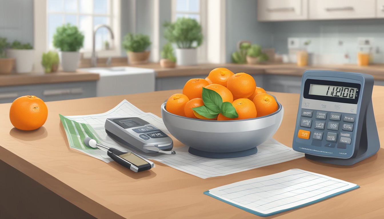 A bowl of tangerines placed next to a diabetic-friendly meal plan and glucose monitor on a kitchen table